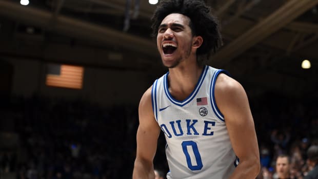 Jan 13, 2024; Durham, North Carolina, USA; Duke Blue Devils guard Jared McCain (0) reacts during the second half against the Georgia Tech Yellow Jackets at Cameron Indoor Stadium. The Blue Devils won 84-79. Mandatory Credit: Rob Kinnan-USA TODAY Sports  